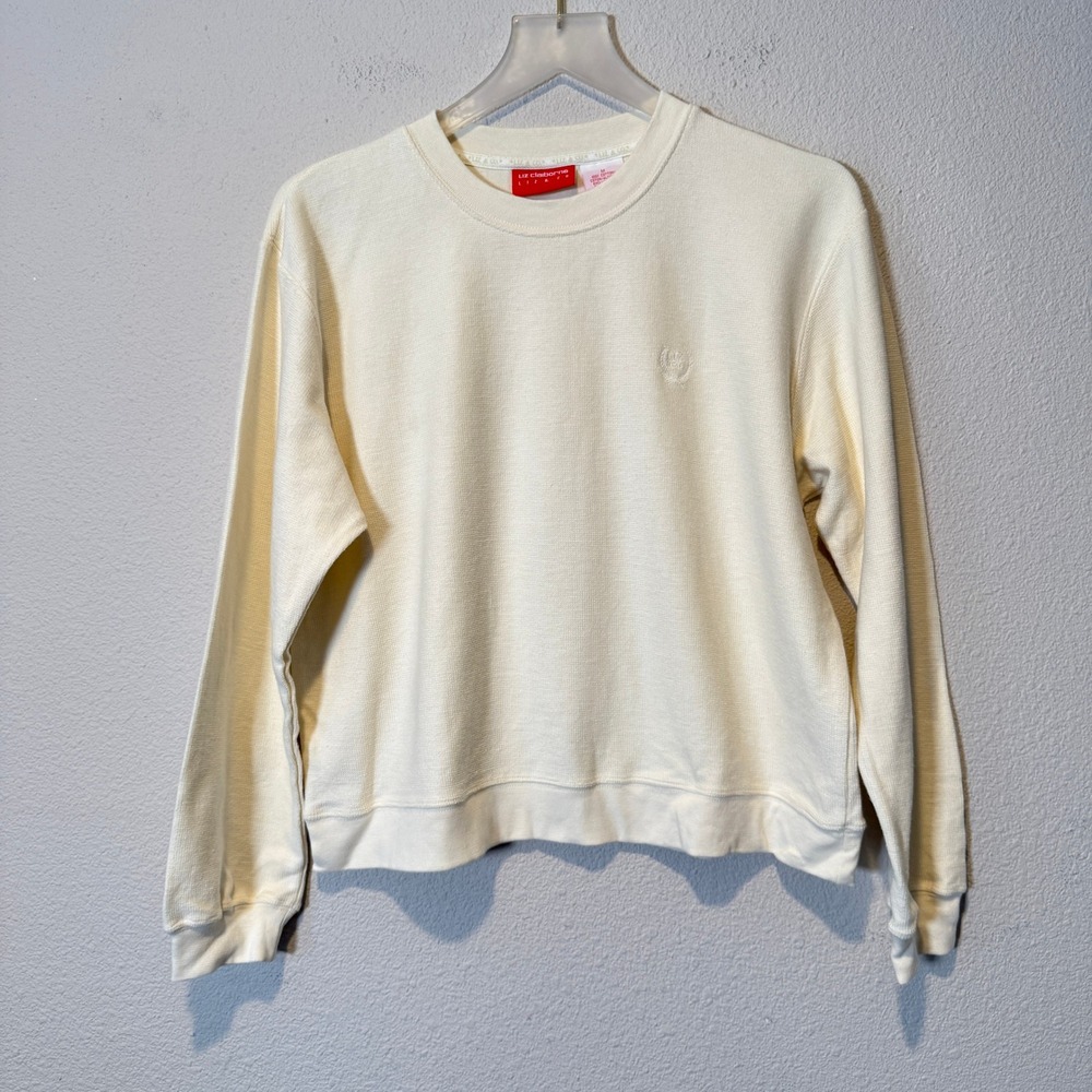 Liz Claiborne Liz & Co Cream Waffle Knit Cotton Crewneck Sweatshirt Medium